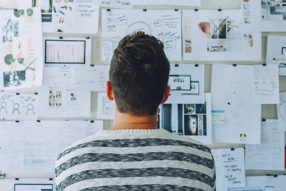 man looking at different brochure designs