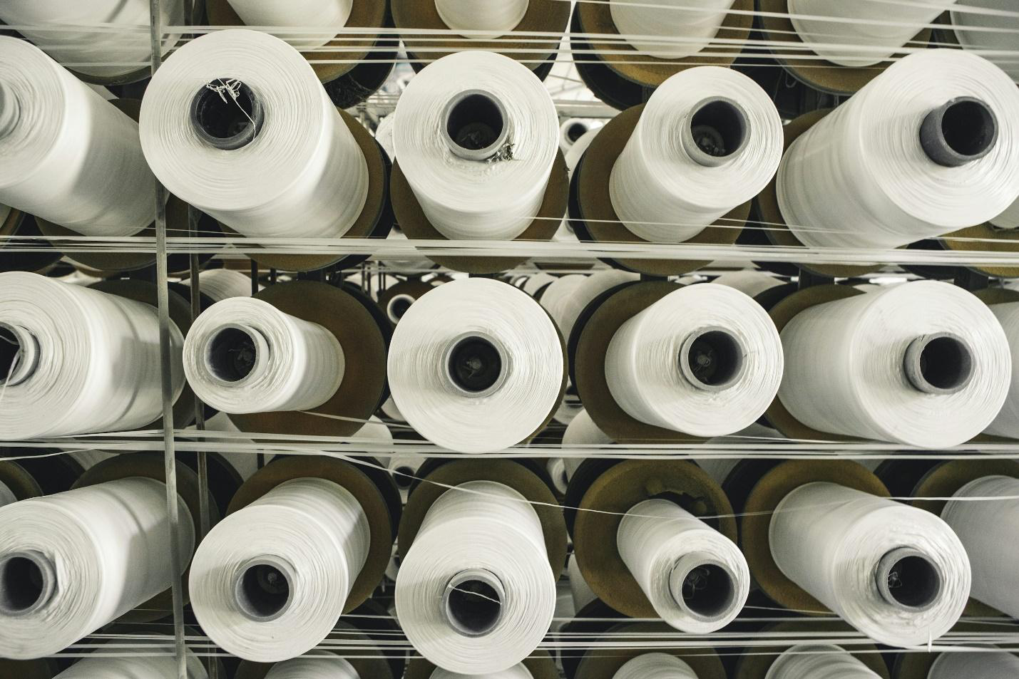Large rolls of white paper stored in a factory, ready for cutting and processing in a paper manufacturing facility.